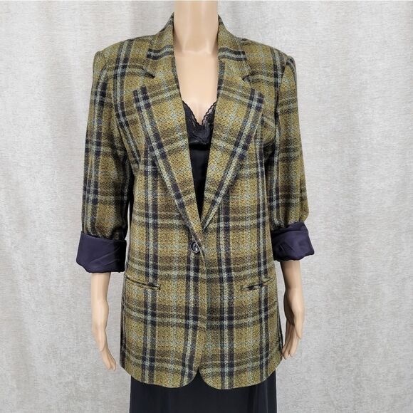 Sag Harbor Green & Navy Vintage Wool Blend Plaid Blazer Women's Size 12 - Picture 1 of 16